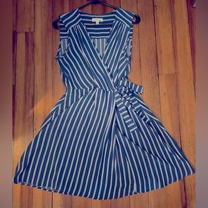 Blue and White striped sleeveless dress- cinched at the waist with a belt